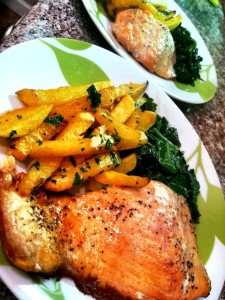 Pan Roasted Salmon, Spinach, and Rutabaga Fries